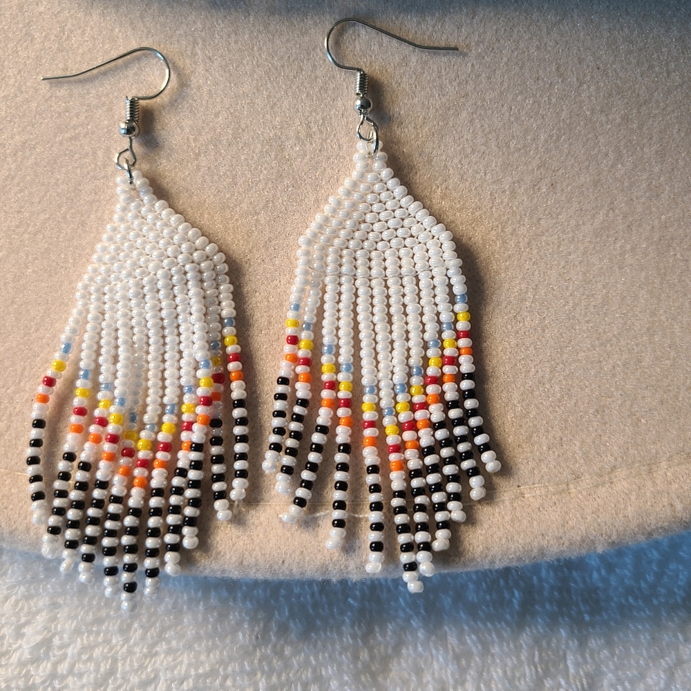 Beaded Fringe Earrings - White, Black, Orange, Yellow